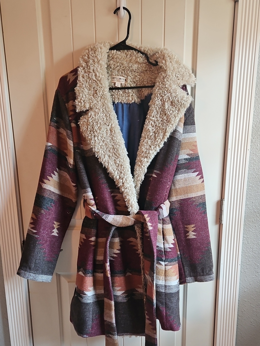 Idyllwind Burgundy Multi Aztec Sherpa-Trim Trench Coat